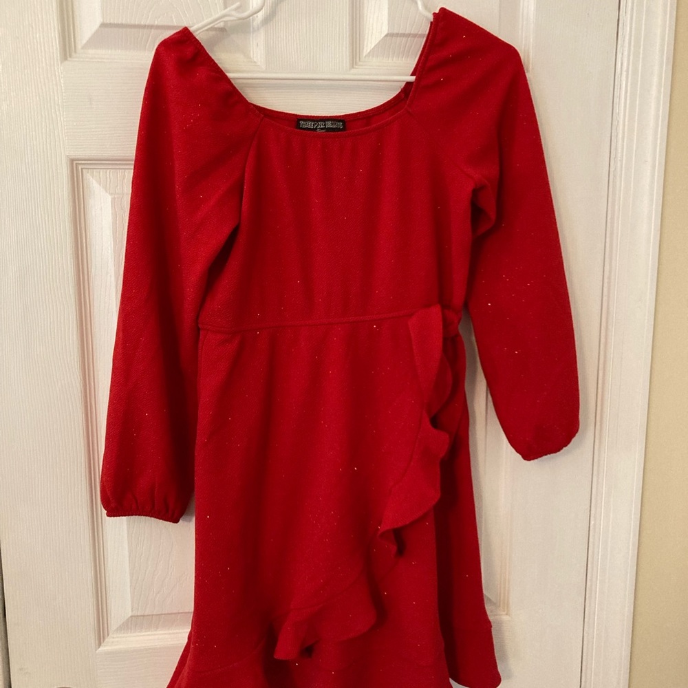 Three Pink Hearts Vibrant Red Sparkly Kids Dress